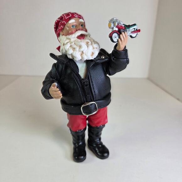 Biker Santa Claus Figurine with Motorcycle – Christmas Decor, 6" Tall - Picture 2 of 14